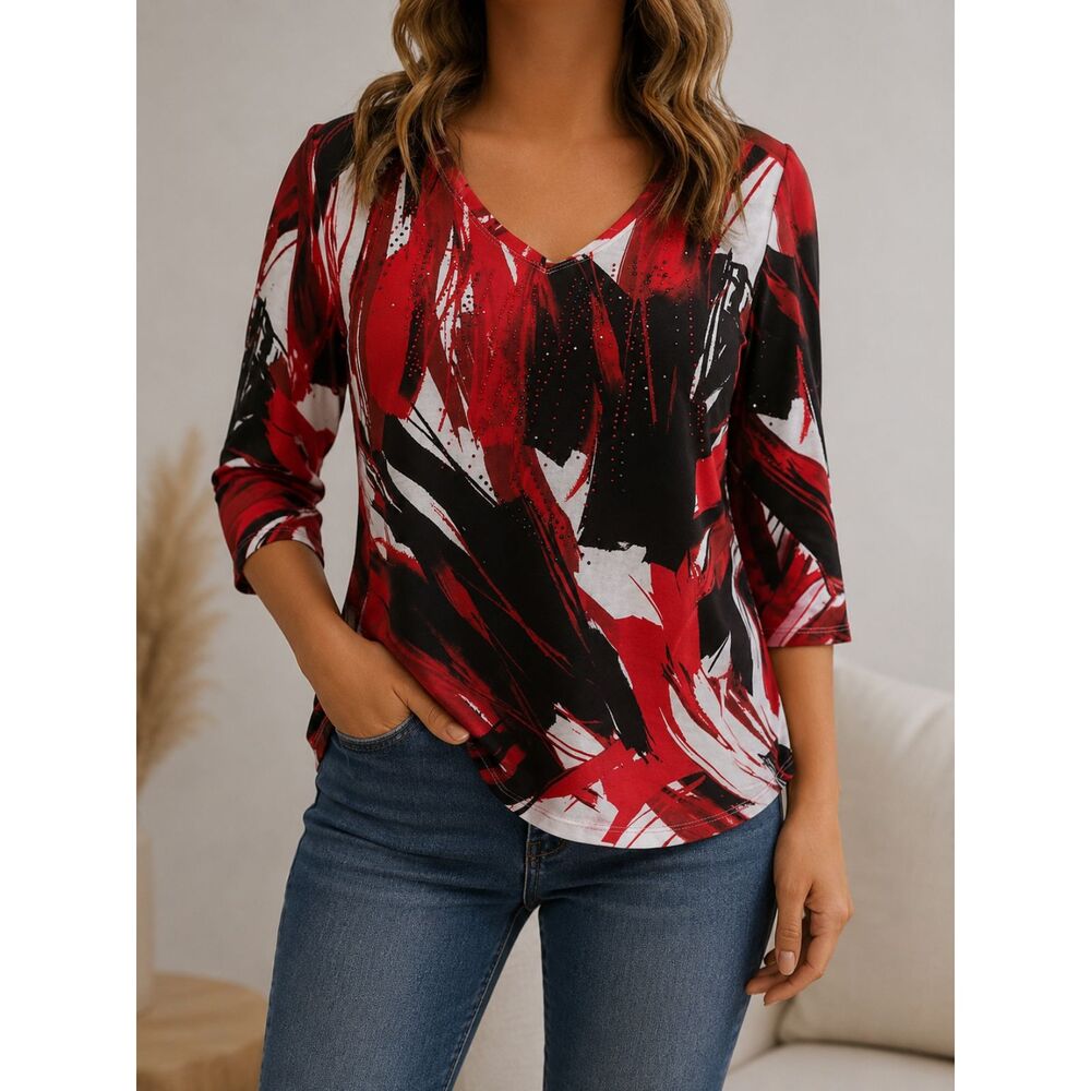 Onque Casual Women’s Abstract Red & Black 3/4 Sleeve Blouse Top Size XL